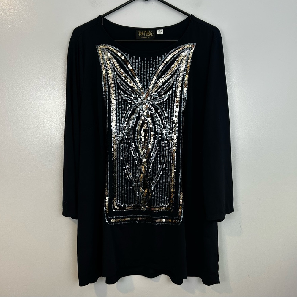 Bob Mackie Black Sequin Embellished Tunic Top